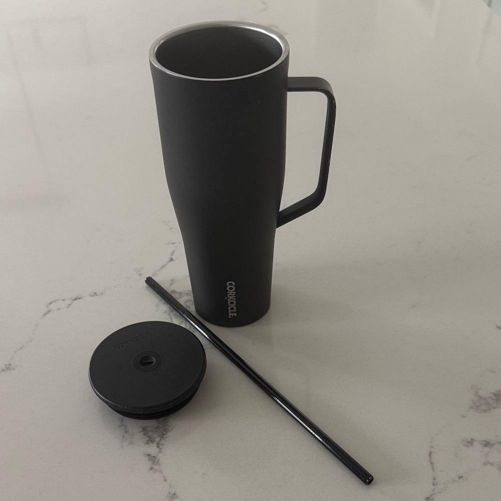 Corkcicle Matte Black Mug with Handle and Straw